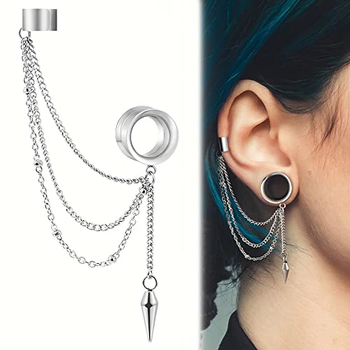 2PCS 6mm-25mm (2G-1") Trendy Cuff Clip Triple Chain Dangle Ear Plugs Gauges Screw Ear Tunnels for Women Men Hypoallergenic 316 Stainless Steel Ear Body Piercing Jewelry - size: 8mm/0g