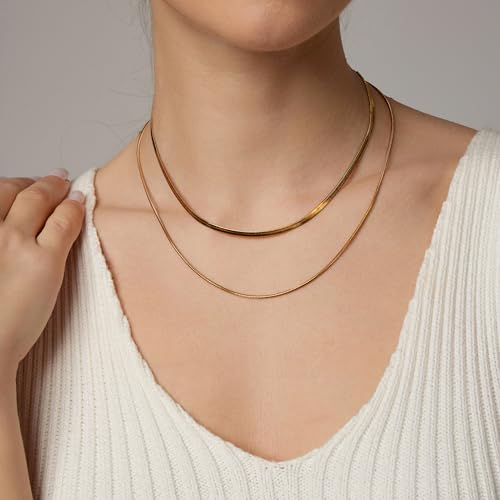 18K Gold Plated Layered Herringbone Necklaces for Women Dainty Layering Beaded Snake Chain Choker Moon Coin Pendant Necklace Trendy Stainless Steel Jewelry - color: Double Herringbone-Gold