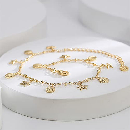 Lit Wall Gold Anklets for Women 18K Gold Plated Adjustable Summer Simple Foot Jewelry Ankle Bracelet for Women - style: Shell and Starfish
