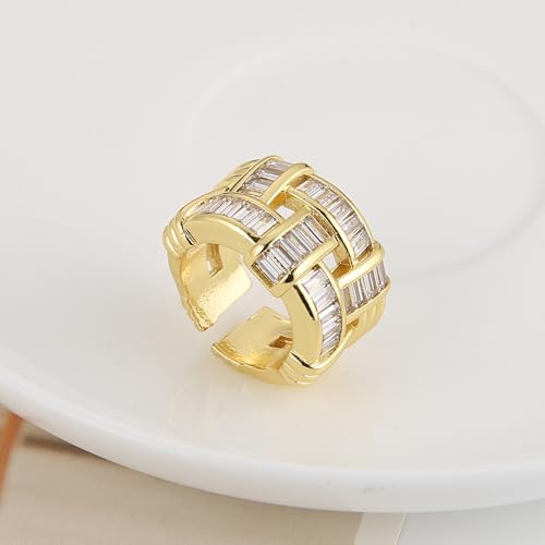 HZMAN 14K Gold Plated Open Ring for Women Brass Crystal Non Adjustable Statement Ring Collection - color: Clear Baguette Crystal