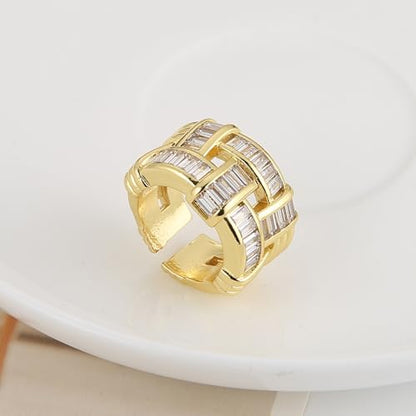 HZMAN 14K Gold Plated Open Ring for Women Brass Crystal Non Adjustable Statement Ring Collection - color: Clear Baguette Crystal