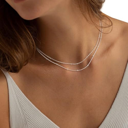 Dainty Sterling Silver Plated Diamond Choker Necklace for Women | Layered Created Diamond Pendent Necklace Set Non Tarnish, Stackable Cuban Chain Choker Jewelry - color: Gold-02