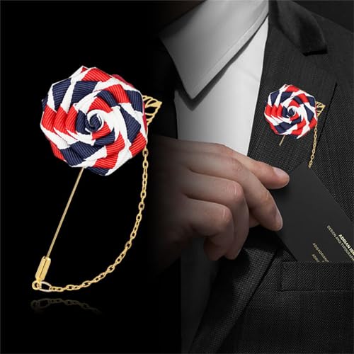 WCRAZYE Men Cloth Rose Flower with Gold Leaf Brooches Men's Satin Lapel Pins with Metal Chain Red Blue Rose Floral Lapel Stick Handmade Boutonniere Pins for Suit Wedding Brooch Career Suit Tuxedo of Shirts Tie Hat Scarf for Birthday Wedding Gift - color: