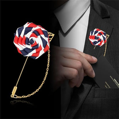 WCRAZYE Men Cloth Rose Flower with Gold Leaf Brooches Men's Satin Lapel Pins with Metal Chain Red Blue Rose Floral Lapel Stick Handmade Boutonniere Pins for Suit Wedding Brooch Career Suit Tuxedo of Shirts Tie Hat Scarf for Birthday Wedding Gift - color: