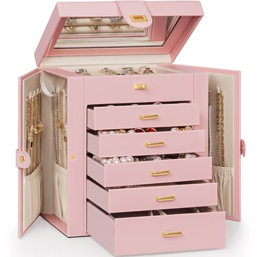 AKOZLIN 6-Tier Jewelry Box Organizer Functional 5 Drawers Leather Jewelry Storage Case for Women Girls Ring Necklace Earring Bracelet Holder Organizer with Mirror Medium Pink - color: Pink, size: Medium