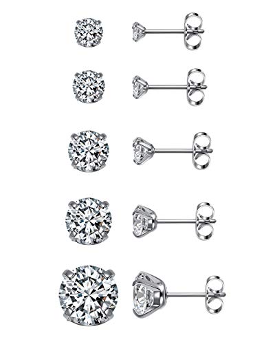 Top Plaza Stainless Steel Stud Earrings, CZ Earring Set for Women Men | Hypoallergenic Stud Earrings Round Cubic Zirconia Earrings Set of 5, 3mm-8mm Daily Studs - color: Silver