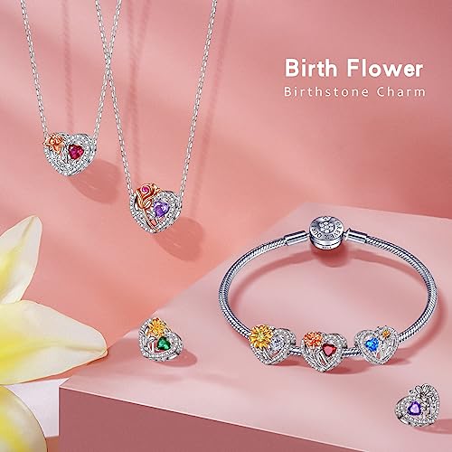 Birth Flower Birthstone Charm for Pandora Charms Bracelets Necklace 925 Sterling Silver Heart Love Charm Birthday Mother's Day Christmas Jewelry Gifts - color: 12-December