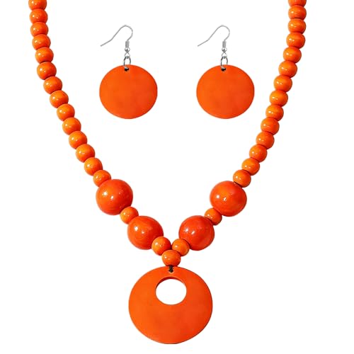 KaFu Handmade Bohemian Wooden Round Beaded Choker Necklace Earrings Set for Women Vintage Multicolor Wood Beads Chunky Geometric Ethnic Sweater Necklaces Statement Jewelry Gifts - color: orange
