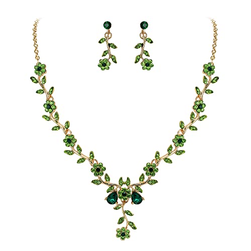 Women's Wedding Jewelry Set for Bride,Prom Bridal Accessories | Bling Crystal,Flower Leaf Cluster,Dangle Earrings Pendant Necklace Set,for Bridesmaid,Party Jewellery - color: 03-Emerald Color