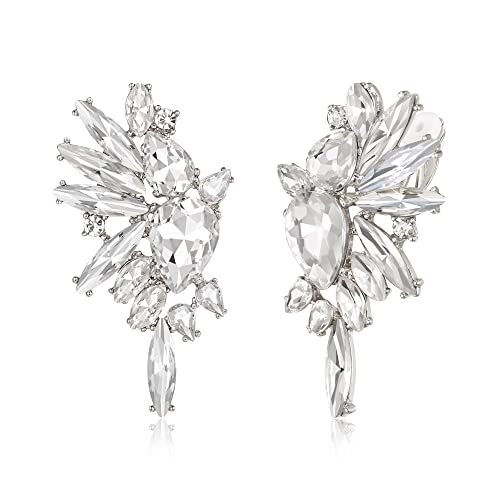 EVER FAITH Vintage Rhinestone Statement Earrings, Fashion Bling Colorful Marquise Drop Crystal Cluster Dangle Clip-on Earrings for Women - color: Clear Silver -Tone