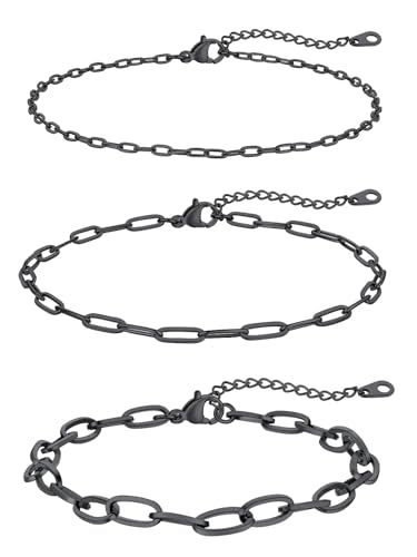 FaithHeart Waterproof Ankle Bracelets for Women, 1/2/3Pcs Non Tarnish Stainless Steel Layered Anklet Set Paperclip Figaro Cuban Link Chain Dainty Summer Beach Jewelry Gift Adjustable Size - style: d.Paperclip 3Pcs - Black