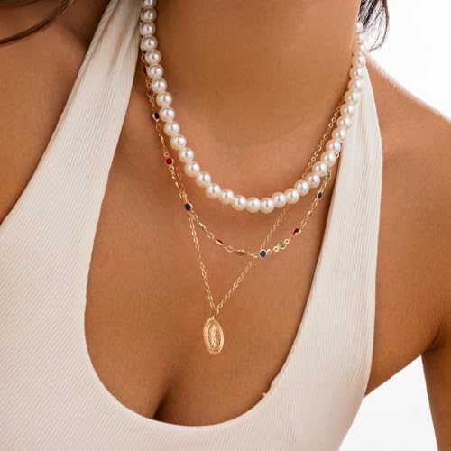 Layered Gold Necklaces for Women Stackable Pearl Coin Choker Necklace Set Colorful Cubic Zirconia Chain Necklaces Trendy Birthday Jewelry Gifts