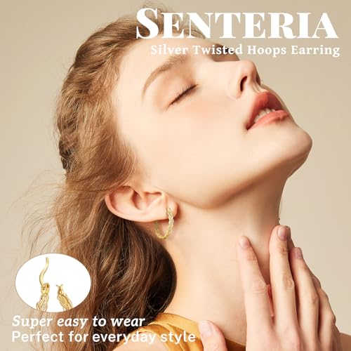 Senteria Silver Twisted Hoops Earring for Women Hypoallergenic Sterling Silver Post Hoop Earrings with AAA+ Cubic Zirconia 14K Gold Plated Hoop Earrings for Women 30/40/50MM - color: Gold-30MM