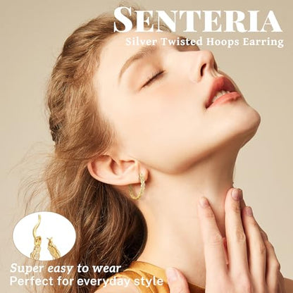 Senteria Silver Twisted Hoops Earring for Women Hypoallergenic Sterling Silver Post Hoop Earrings with AAA+ Cubic Zirconia 14K Gold Plated Hoop Earrings for Women 30/40/50MM - color: Gold-30MM