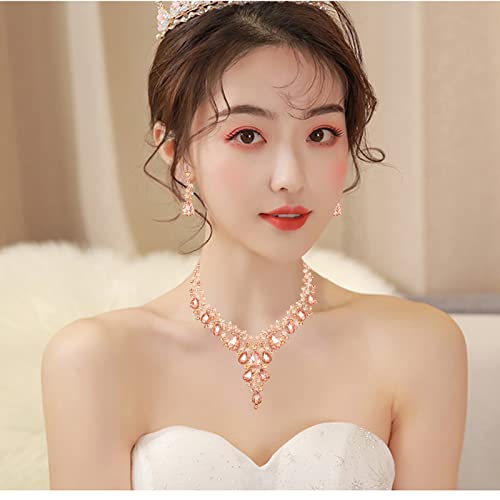 CSY Elegant Crystal Costume Jewelry Sets Flower Bridal Necklace Earrings Stretch Bangle Set for Bride Bridesmaid Wedding Dress Accessories - color: peach crystal-rose gold tone