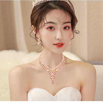 CSY Elegant Crystal Costume Jewelry Sets Flower Bridal Necklace Earrings Stretch Bangle Set for Bride Bridesmaid Wedding Dress Accessories - color: peach crystal-rose gold tone