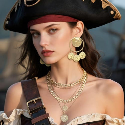 2 Pcs Layered Golden Pirate Necklace Earrings for Women Chunky Chain Layered Necklace Boho Gypsy Hoop Earrings Punk Grunge 80s 90s Coin Pendant Jewelry Halloween Pirate Costume Accessories - color: Big Golden Coin