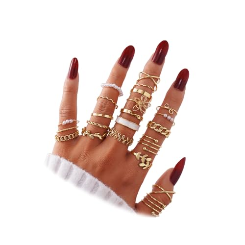 IFKM Gold Knuckle Rings Set For Women Vintage Stackable Joint Finger Midi Rings Dainty Cubic Zirconia Crystal Simple Twist Hollow Cute Rings Pack Jewelry Gift - color: Gold, style: Forest Of Flowers