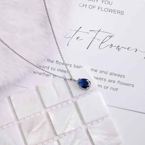 Teardrop Pendant Necklace for Women - Sterling Silver Birthstone Crystal Necklace Gift - color: Sapphire