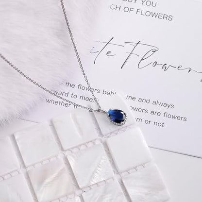 Teardrop Pendant Necklace for Women - Sterling Silver Birthstone Crystal Necklace Gift - color: Sapphire