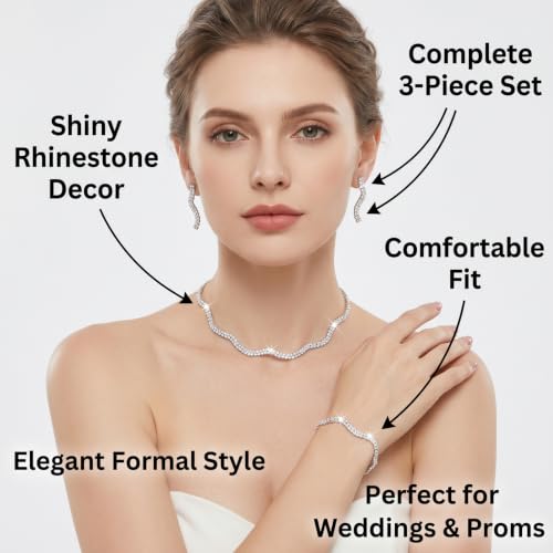 Rhinestone Bridal Jewelry Set, Choker Necklace Earrings Bracelet, Formal Wedding Prom Accessories for Women and Brides - color: silvery