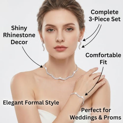 Rhinestone Bridal Jewelry Set, Choker Necklace Earrings Bracelet, Formal Wedding Prom Accessories for Women and Brides - color: silvery