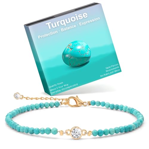 Raicegs Anklets for Women Handmade Beach Boho Ankle Bracelet 3mm Natural Stone Beaded Ankle Bracelet 14K Gold Plated Zircon Pendant Adjustable Crystal Gemstone Anklet Jewelry Gift for Her - color: Turquoise