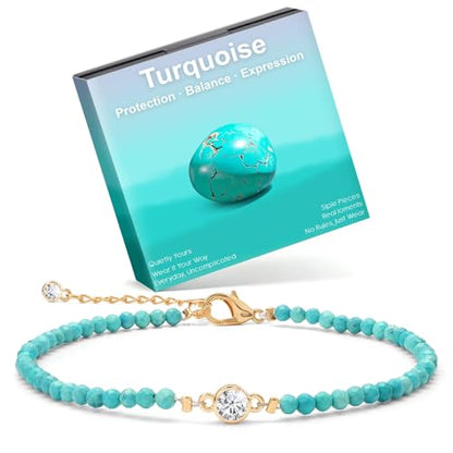 Raicegs Anklets for Women Handmade Beach Boho Ankle Bracelet 3mm Natural Stone Beaded Ankle Bracelet 14K Gold Plated Zircon Pendant Adjustable Crystal Gemstone Anklet Jewelry Gift for Her - color: Turquoise