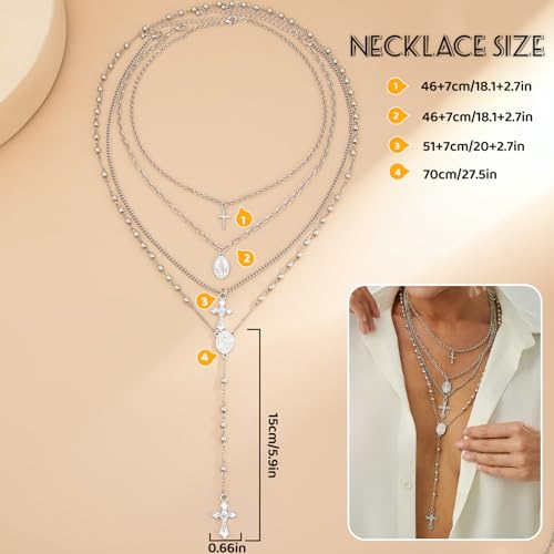 Layered Cross Necklace Set for Women, Layered Choker Necklaces Trendy Jewelry, Colorful Enamel Beaded Y-Shaped Lariat Necklace, Boho Multilayer Cross Necklace for Party and Daily Wear - color: Silver-03