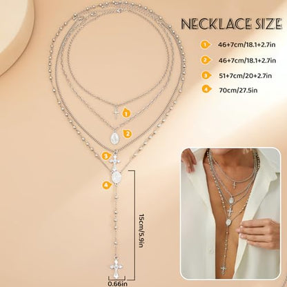 Layered Cross Necklace Set for Women, Layered Choker Necklaces Trendy Jewelry, Colorful Enamel Beaded Y-Shaped Lariat Necklace, Boho Multilayer Cross Necklace for Party and Daily Wear - color: Silver-03