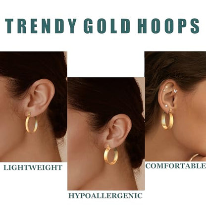 3Pairs 14K Gold Plated Chunky Hoop Earrings Set for Women, Trendy Hoop Earring 925 Sterling Silver Post - Hypoallergenic Thick Lightweight Twisted Hoops Dainty Gold Earrings for Women Jewelry Gifts - color: Gold 01