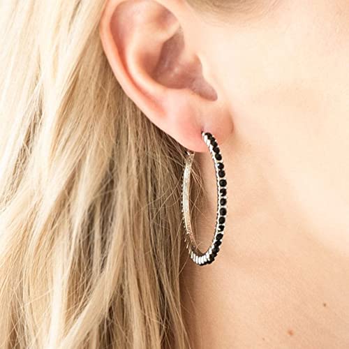 925 Sterling Silver Earrings Large Rhinestone Hoop Earrings Big Cubic Zirconia Hoop Earrings Thin Rhinestones Round Hoop Earrings for Women 20/30/40/50/60/70mm Sparkly Hoops With Crystals for Womens - color: black,50mm