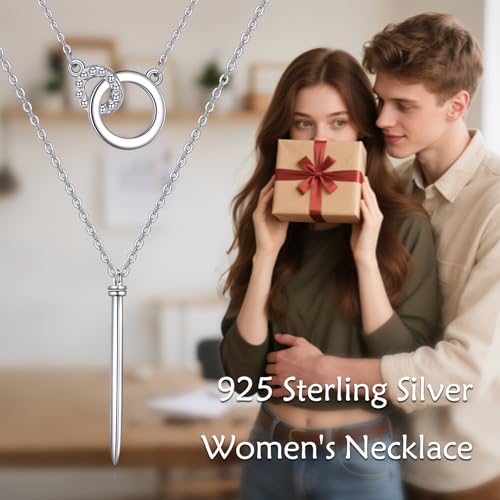 925 Sterling Silver Double Layer Vertical Bar Circle Necklace for Women, Minimalist Dainty Layered Pendant Chain Jewelry, Gift for Her