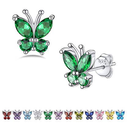 Bestyle Gold Butterfly Earrings for Women, Dainty Cute Birthstone Studs Hypoallergenic Jewelry, Great Birthday Gift - style: 05.May(Emerald)-STUD