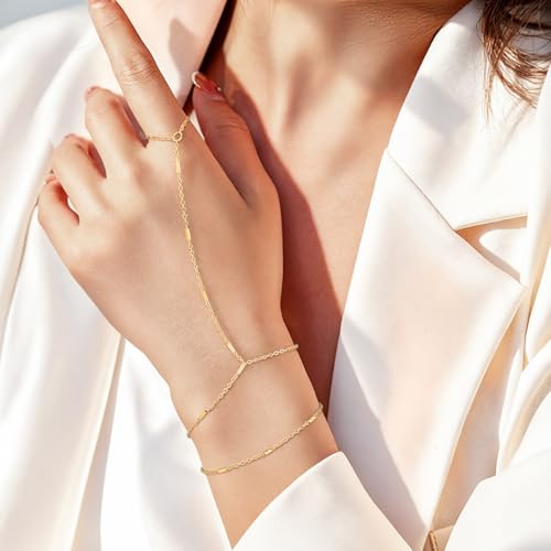 Emibele Gold Bracelets for Women, 18K Gold Plated Hand Chain, Cubic Zirconia Stainless Steel Non Tarnish Hand Chain Bracelet with Finger Ring, Adjustable Trendy Jewelry Valentines Day Gifts for Women - style: Sparkling Chain