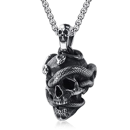 Skull Necklace for Men Stainless Steel Gothic Punk Emo Biker Necklace Jewelry for Men 60cm - style: Snake Skull