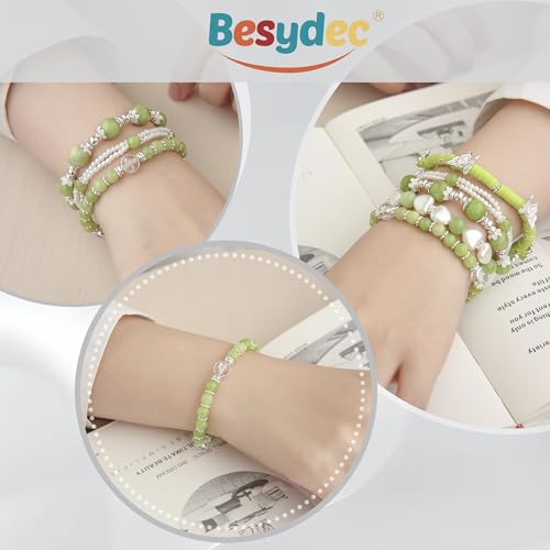Besydec Stackable Boho Beaded Bracelets With Natural Stone & Pearl Heart & Clay Beads for Women,Adjustable Silver Jewelry - color: Green