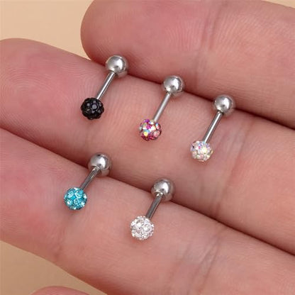 5Pairs Sparkly Disco Ball Stud Earrings for Women Hypoallergenic Stainless Steel CZ Crystal Small Ball Earrings Studs Glitter Cartilage Conch Helix Piercing Jewelry