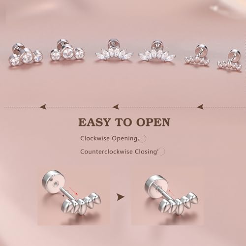 14K Gold Plated 925 Sterling Silver Flat Back Earrings Set | Hypoallergenic Cartilage Helix Conch Tragus Piercing Jewelry 3 Pairs Small Screw Dainty CZ Opal Earring Set Men Women - color: Silver, Style E