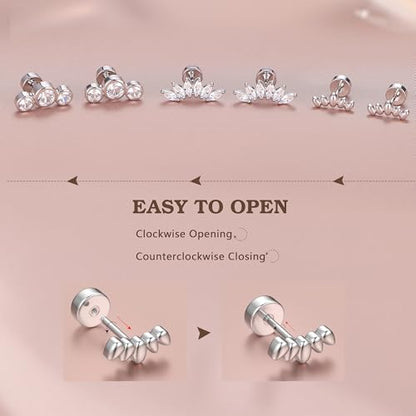 14K Gold Plated 925 Sterling Silver Flat Back Earrings Set | Hypoallergenic Cartilage Helix Conch Tragus Piercing Jewelry 3 Pairs Small Screw Dainty CZ Opal Earring Set Men Women - color: Silver, Style E