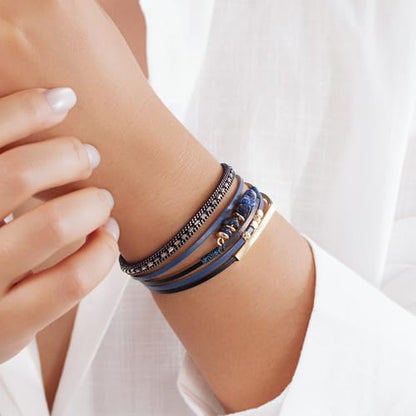 Boho Gemstone Beaded Leather Wrap Bracelets Stackable Chunky Cuff Bracelet Western Jewelry Cowboy Chic Country Concert Outfits for Women - color: Navy Blue