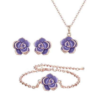 EleQueen Rose Flower Necklace Earrings Bracelet Set for Women - color: Light Purple-Rose Gold
