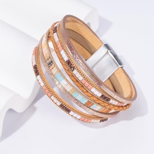 Boho Leather Wrap Bracelets Beaded Stackable Cuff Bracelet Country Concert Outfits Cowboy Cowgirl Western Jewelry Gifts for Women - color: 2layer-Brown