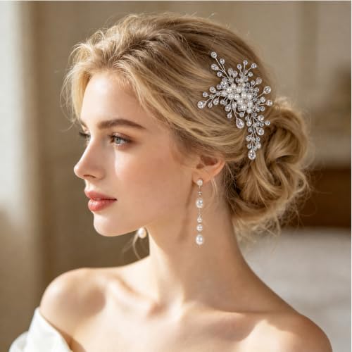 Wedding Hair Comb Pearl Crystal Bridal Hair Piece | Rhinestone Wedding Hair Accessories，Silver Hair Comb Clip for Women Wedding Party - color: Silver-850