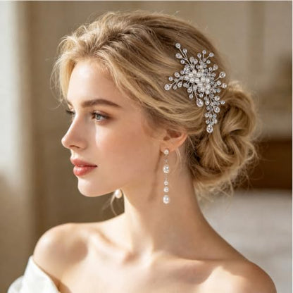 Wedding Hair Comb Pearl Crystal Bridal Hair Piece | Rhinestone Wedding Hair Accessories，Silver Hair Comb Clip for Women Wedding Party - color: Silver-850