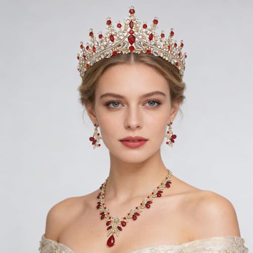 Women Tiaras and Crowns Bridal Jewelry Set with Rhinestones, Gold Plated Floral Necklace Tiara and Earrings, Wedding Birthday Party Accessories - color: Gold Red
