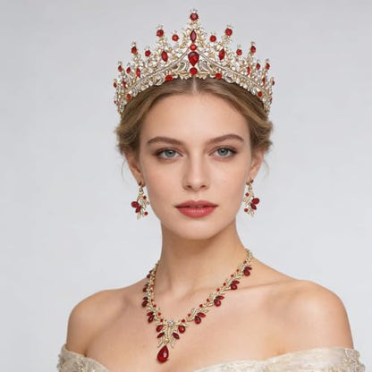 Women Tiaras and Crowns Bridal Jewelry Set with Rhinestones, Gold Plated Floral Necklace Tiara and Earrings, Wedding Birthday Party Accessories - color: Gold Red