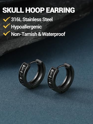 PROSTEEL Stainless Steel Huggie Hoop Earrings for Mens Gold/Black/Silver | Skull/Infinity Pattern, Spike/Cuban Links 4 Design Options Hypoallergenic Lightweight Earring Hip Hop Punk Gothic Jewelry - style: Skull-Black