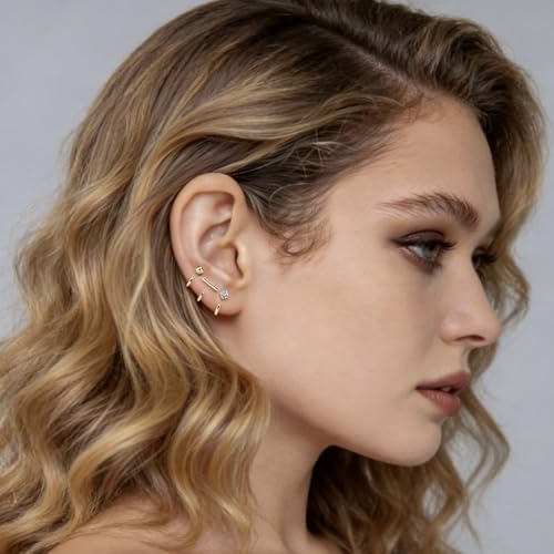 925 Sterling Silver 14K Gold Plated Huggie Half Hoop Earrings | Sleep-Friendly Poke-Free Hypoallergenic Stackable Earring Comfortable & All Day Wear - color: CZ-Yellow Gold