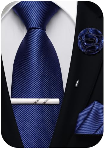 Solid Color Tie and Pocket Square with Tie Clip Lapel Pin Silk Formal Necktie Set Wedding Formal - color: Navy